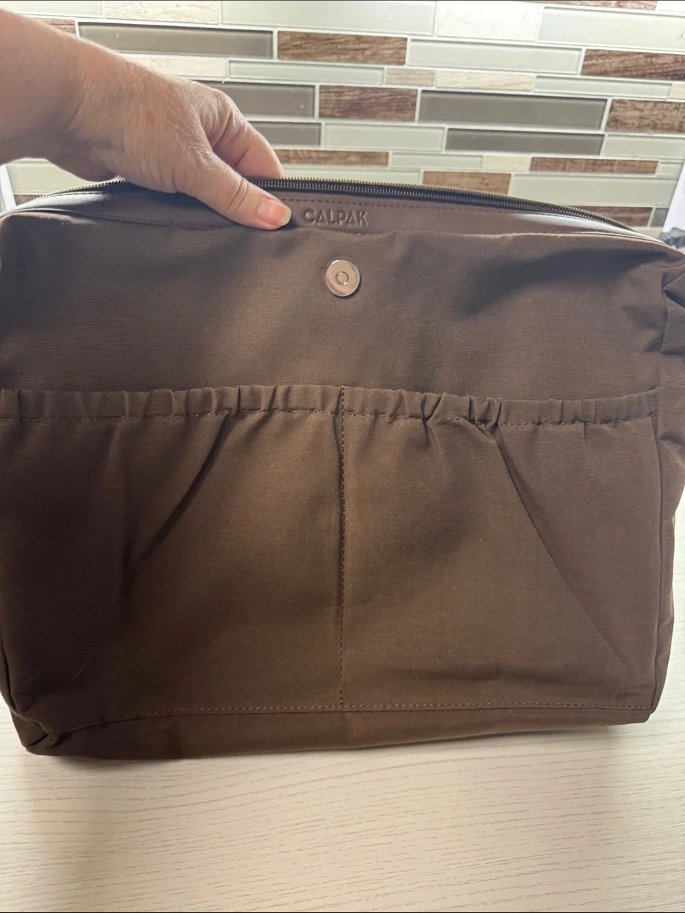 Calpak Brown Leather Laptop Tote with Shoulder Strap